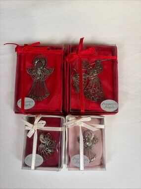 New 4 Silver Filigree Prosperity Angels Pins & Ornaments Collectible